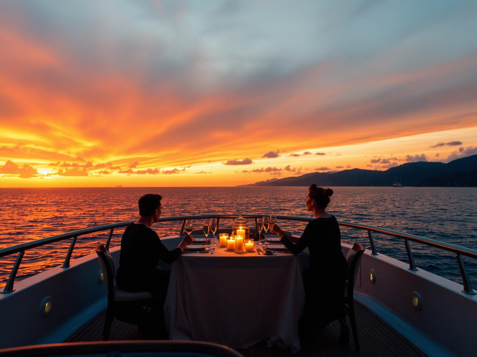 Sunset candlelit dinner on a yacht deck